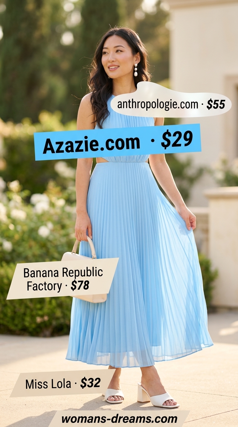 Elegant summer flowy maxi dresses 2026: Sky blue pleated chiffon dress with cream accessories for a daytime wedding.