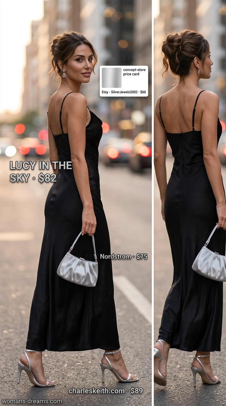 Elegant summer flowy maxi dresses 2026: Black halter maxi dress, metallic sandals, silver clutch for a formal event.