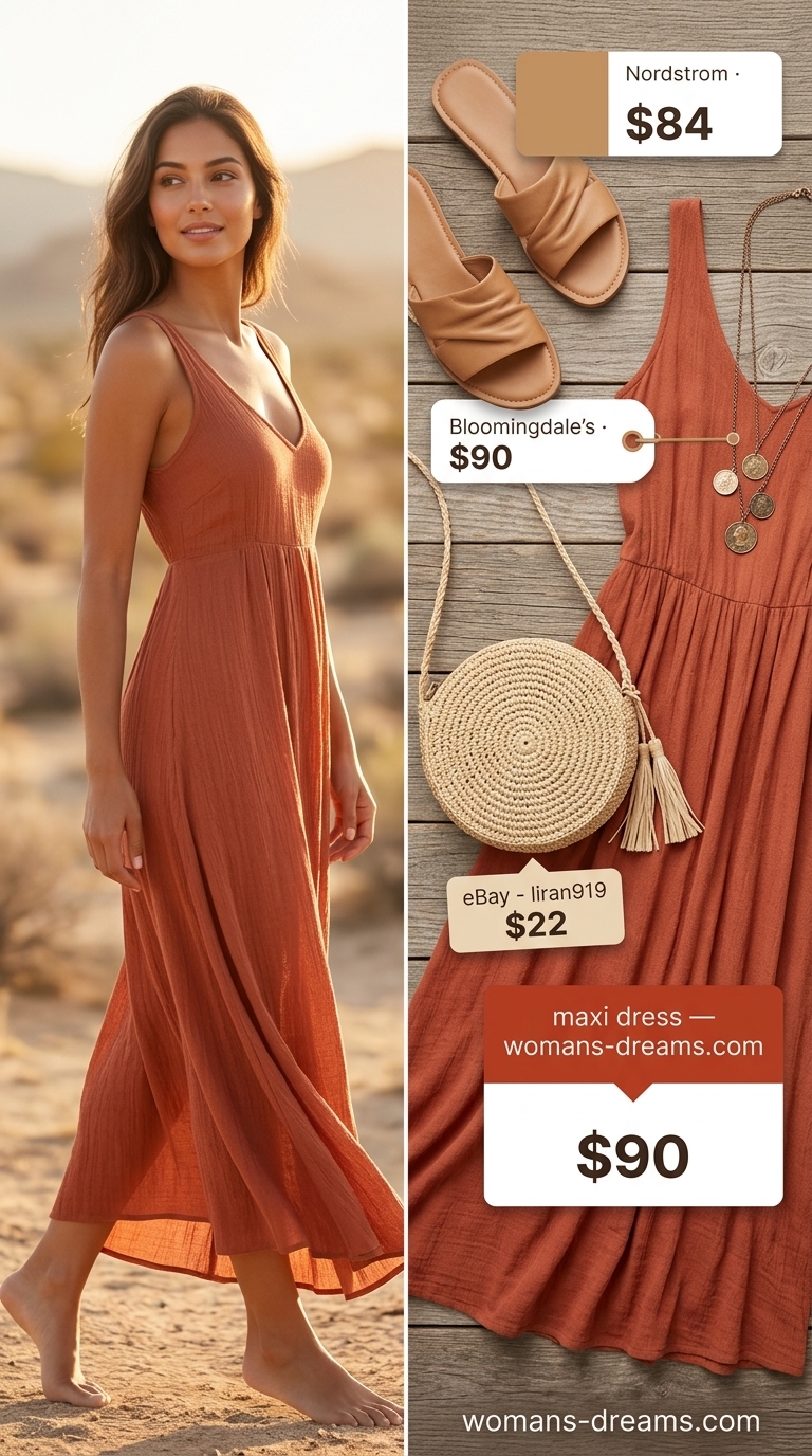 Elegant summer flowy maxi dresses 2026: Terracotta crinkle gauze dress, bronze sandals, layered gold necklaces.