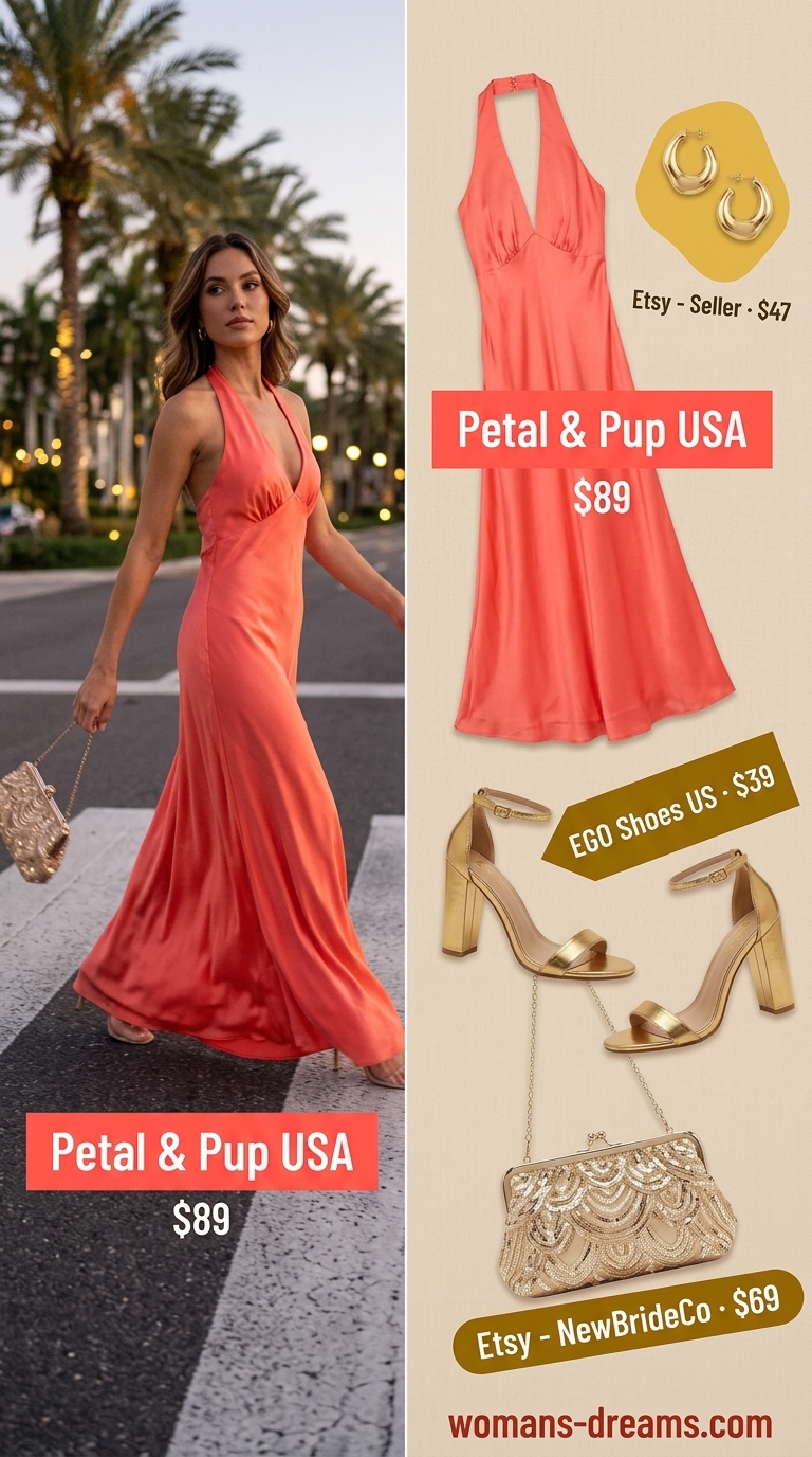 Elegant summer flowy maxi dresses 2026: Vibrant coral silk halter dress for resort evening & summer party.
