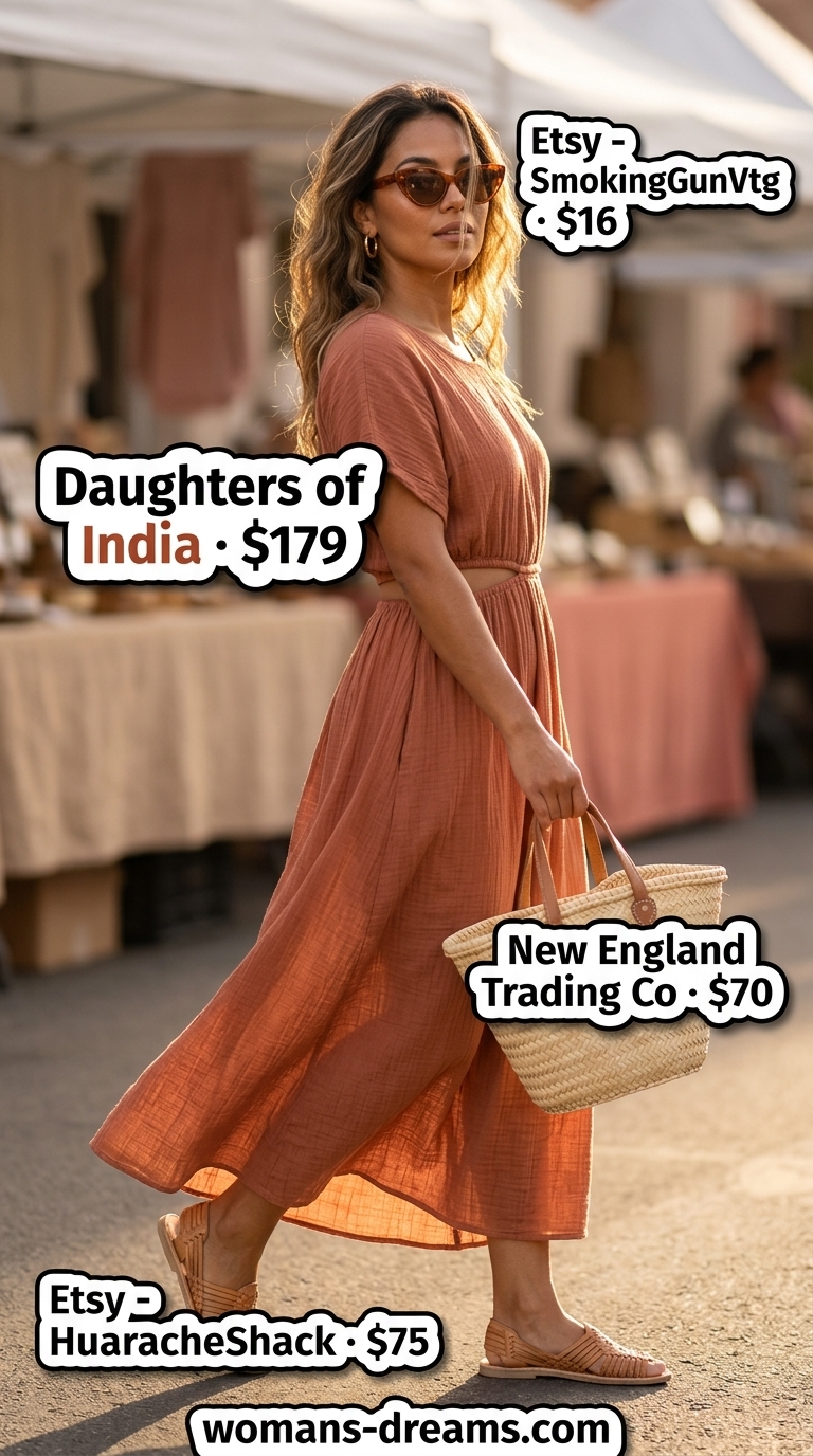 Elegant summer flowy maxi dresses 2026: Terracotta caftan maxi dress for resort vacation.