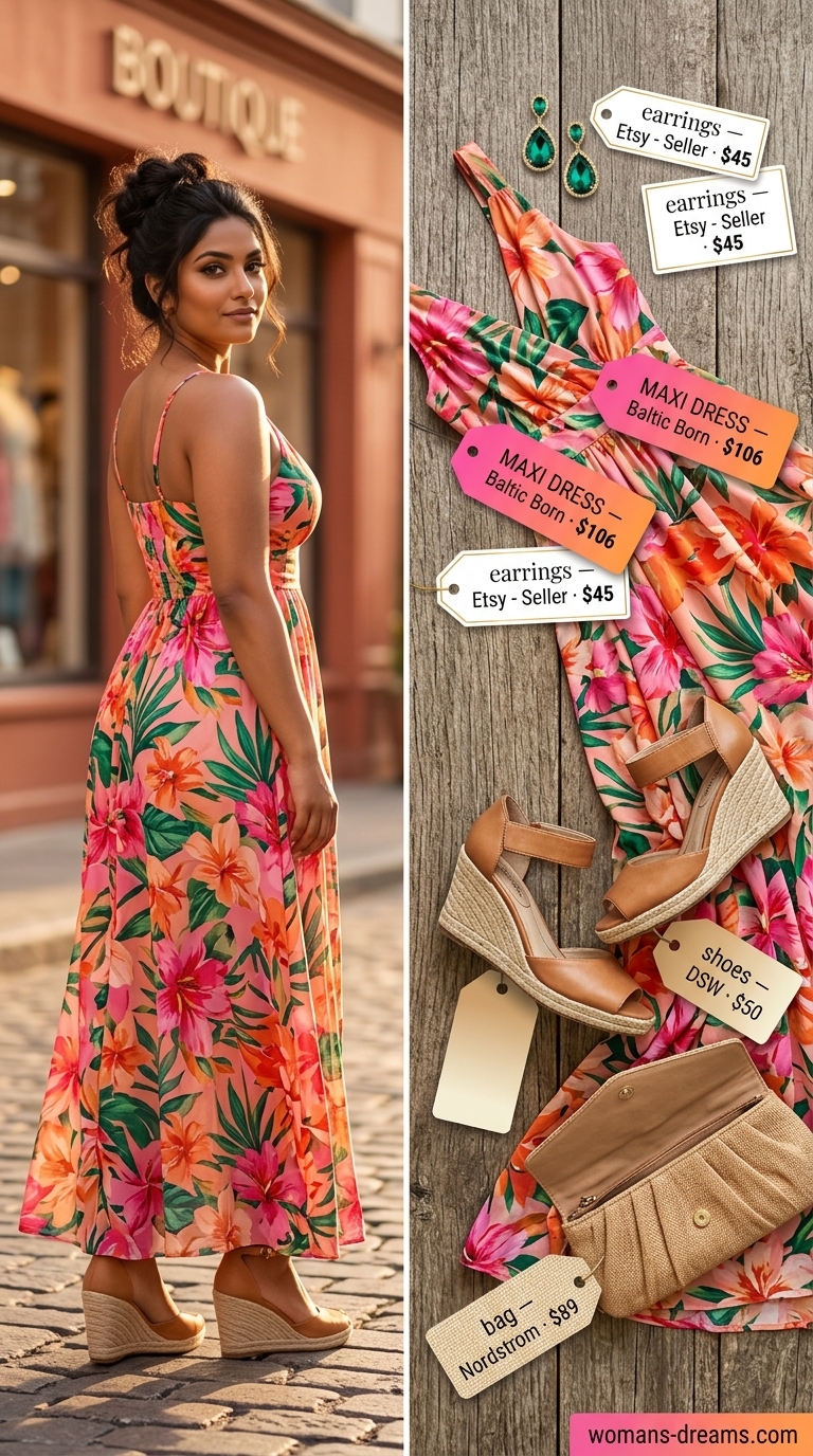 Elegant summer flowy maxi dresses 2026: Vibrant tropical floral maxi dress for vacation dinner.