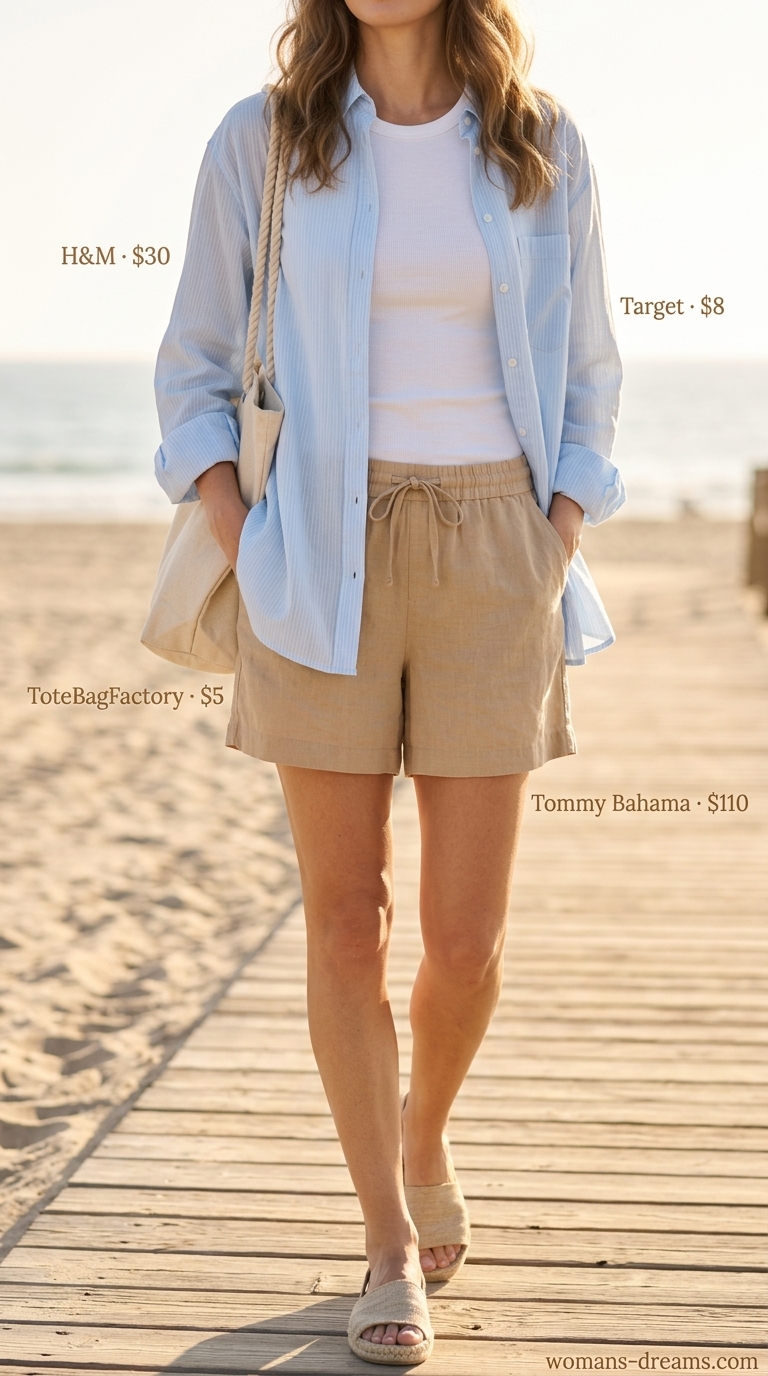 Relaxed beach outfit: linen shorts, ribbed tank, and oversized light blue shirt.