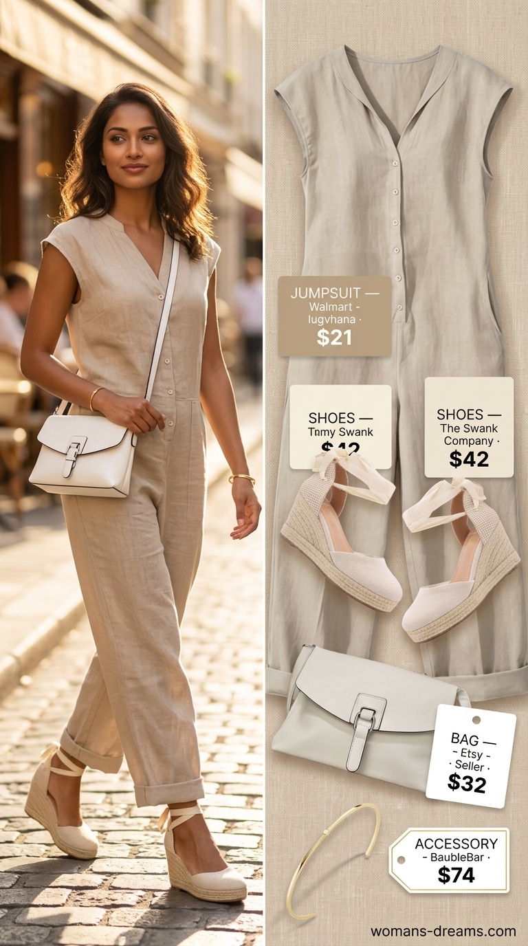 Every day summer capsule outfits for women 2026: Beige linen jumpsuit, espadrille wedges, and structured crossbody bag.