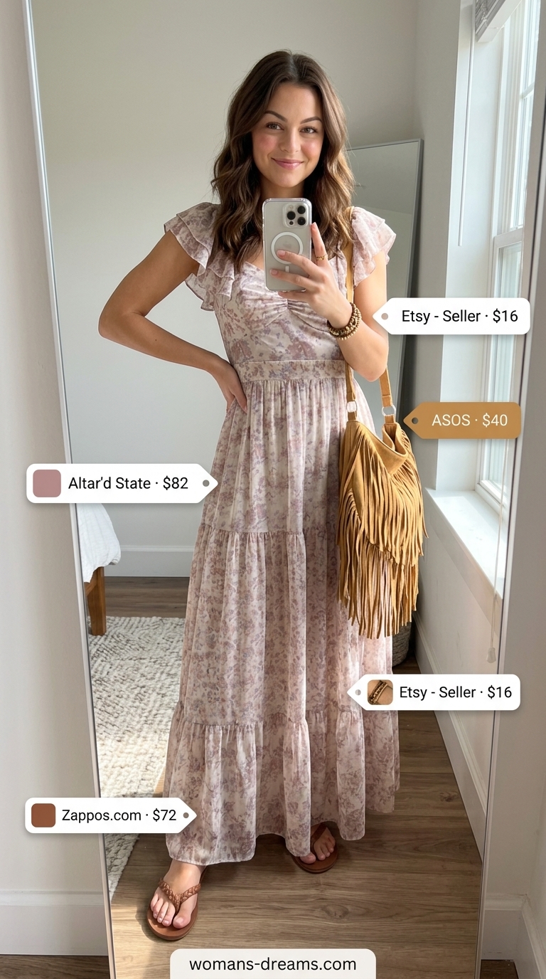 Every day summer capsule outfits for women 2026: Bohemian floral maxi dress, suede hobo bag, and flat leather sandals.