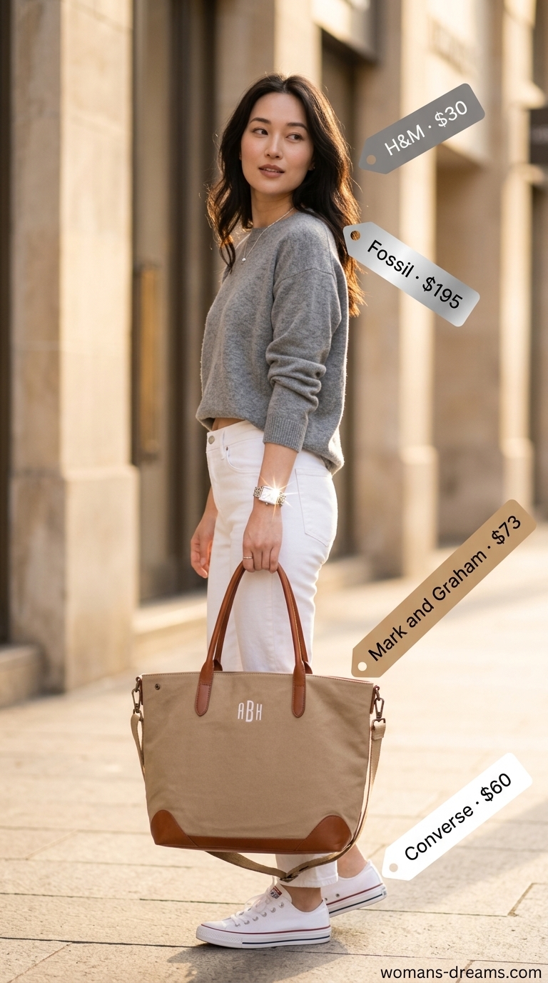 Casual cool outfit: grey knit sweater, chino shorts, and white sneakers.