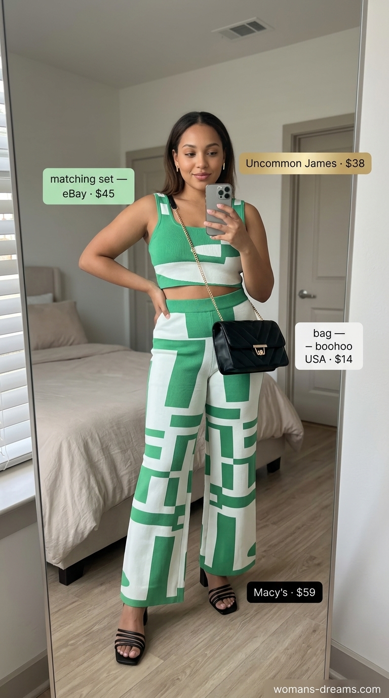 Chic co-ord set: emerald green geometric print top and pants with black sandals and bag.