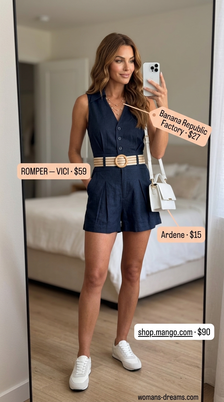 Chic city romper: navy blue linen romper with white sneakers and crossbody bag.