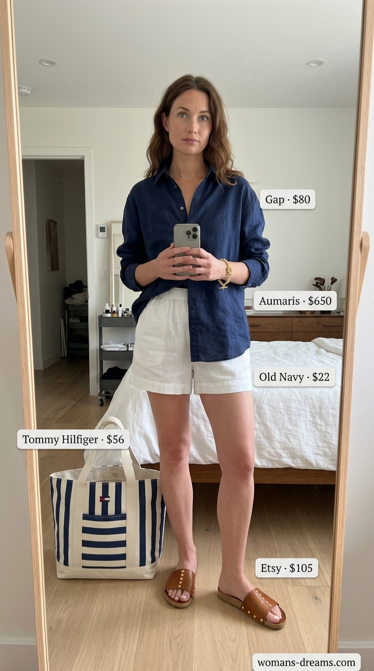 Coastal breeze outfit: navy and white striped linen shirt, linen shorts, and leather slides.
