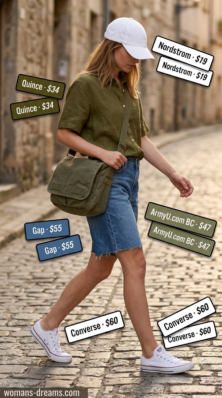 Denim shorts and linen shirt outfit for women 2026, for weekend exploring and casual sightseeing.