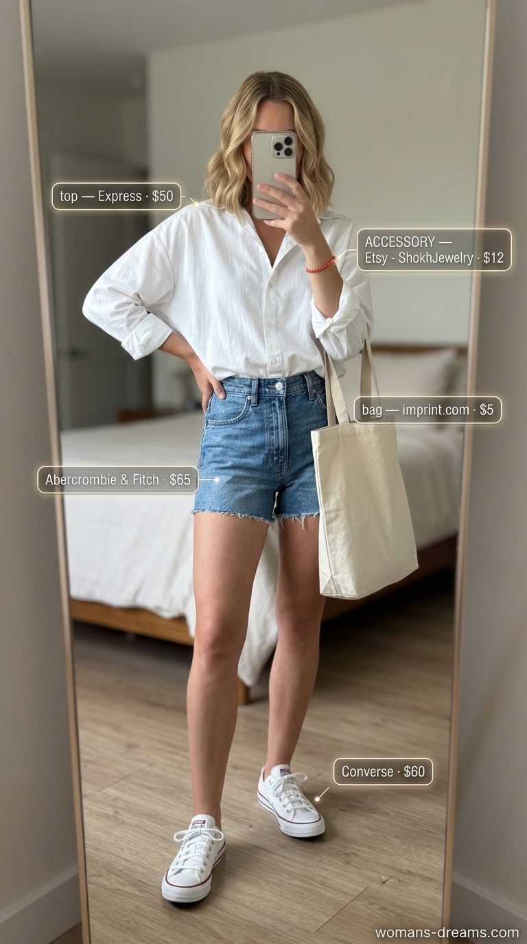 Every day summer capsule outfits for women 2026: Denim shorts, white oversized shirt, canvas sneakers, and coral bracelet.