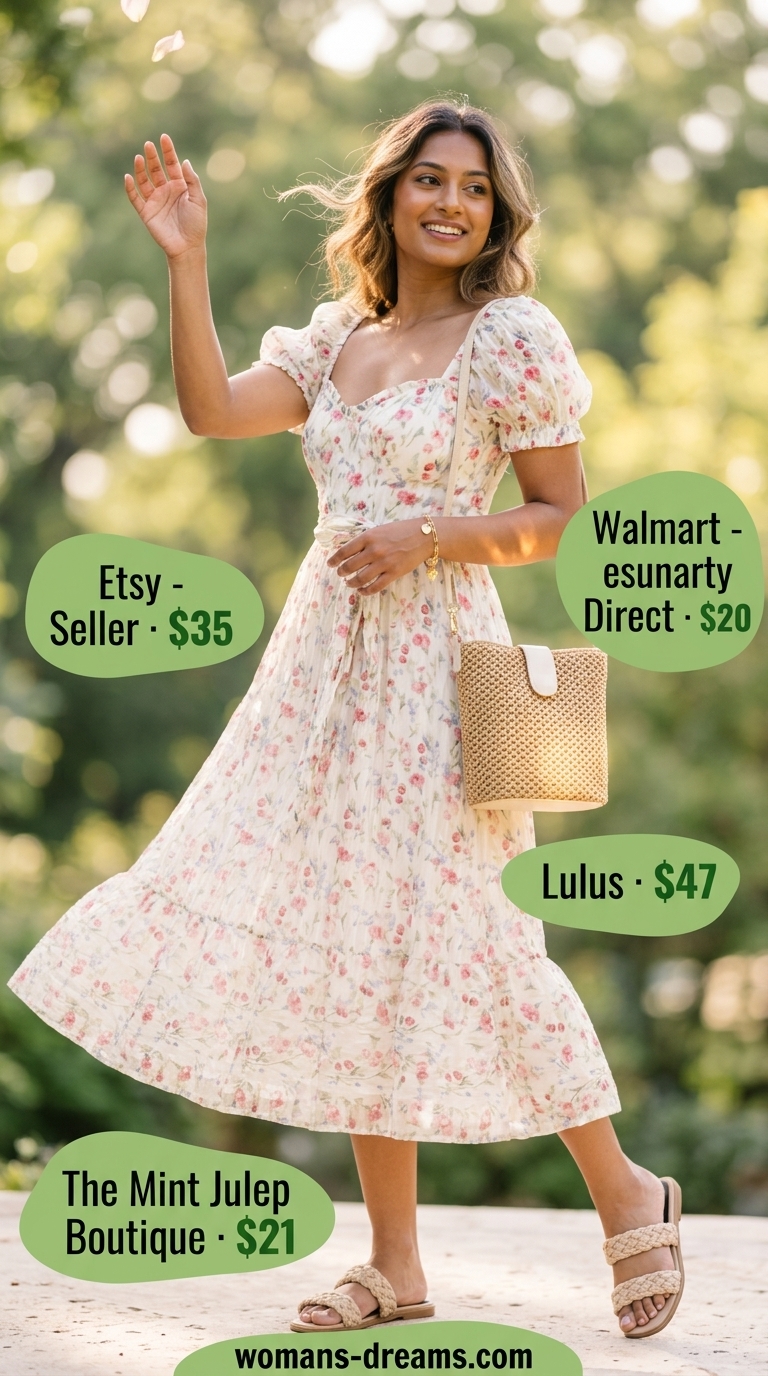 Garden party outfit: pink and green floral midi dress, straw crossbody, and flat sandals.