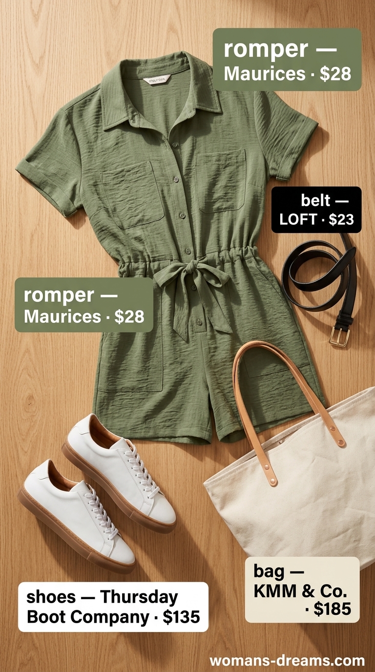 Khaki utility romper outfit for women 2026, perfect for casual day outs and weekend errands.