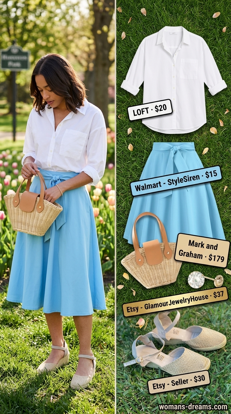 Every day summer capsule outfits for women 2026: Light blue midi skirt, white button-down shirt, and straw tote.