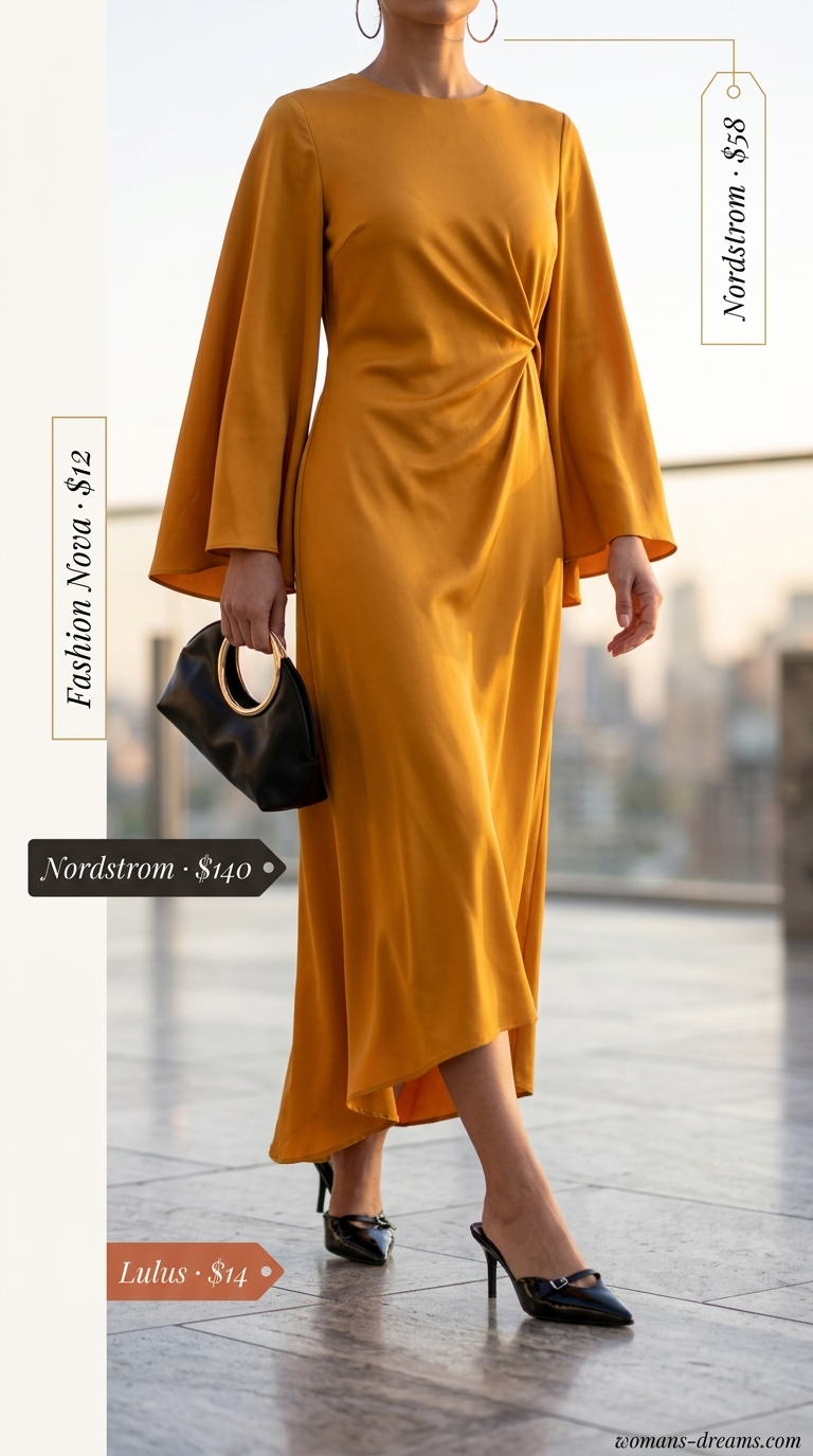 Mango orange midi wrap dress outfit for women 2026, ideal for rooftop dinners and summer events.
