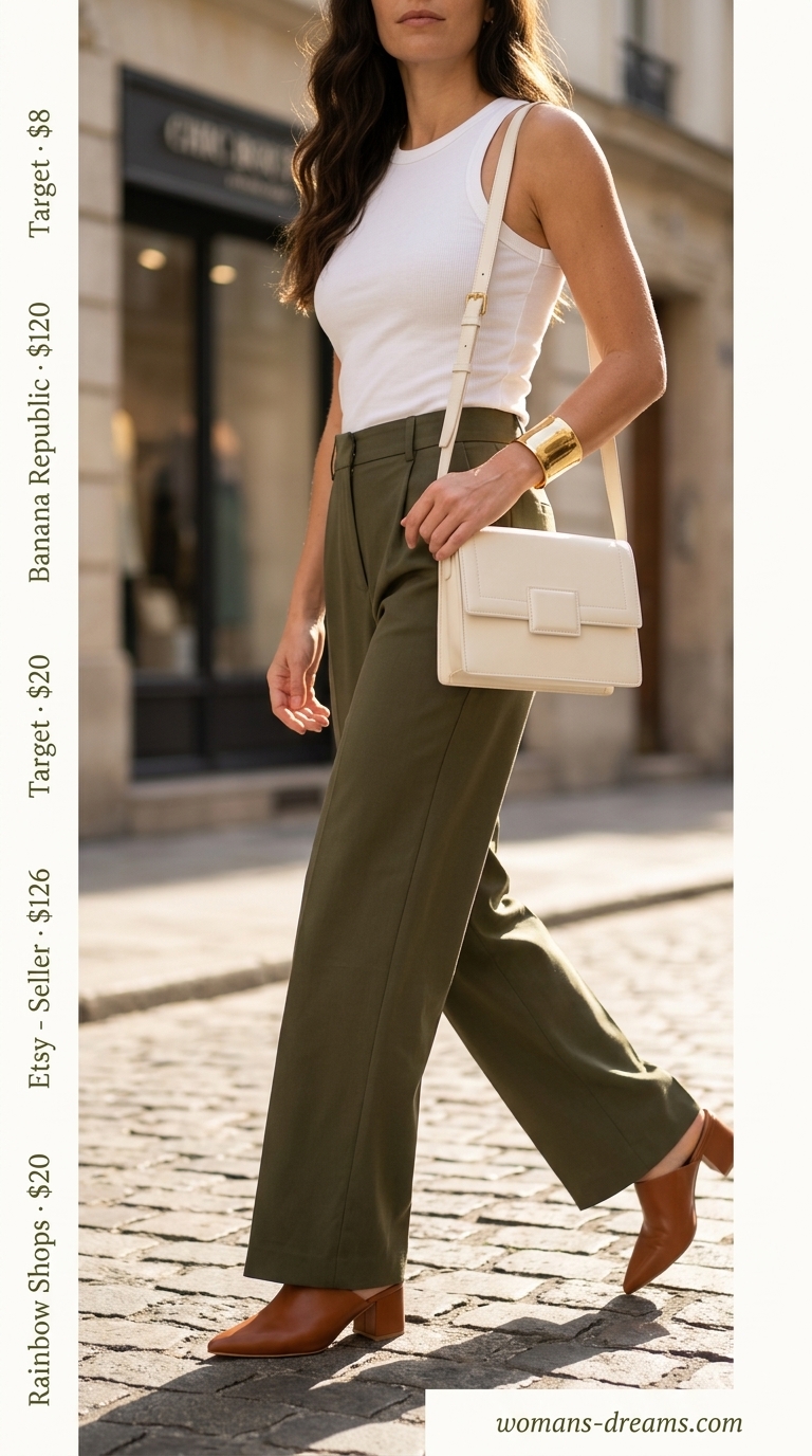 Every day summer capsule outfits for women 2026: Olive green wide-leg pants, white ribbed tank, and block heel mules.