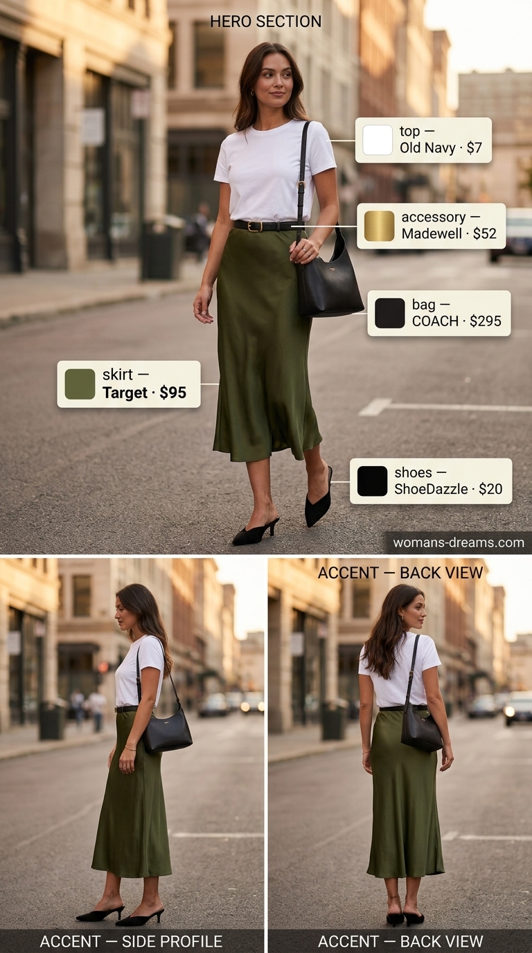 Olive green midi skirt outfit for women 2026, perfect for casual Fridays and daytime events.