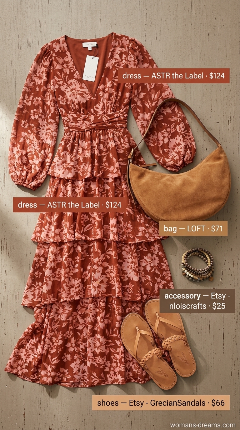 Every day summer capsule outfits for women 2026: Rust floral maxi dress, flat leather sandals, and suede hobo bag.
