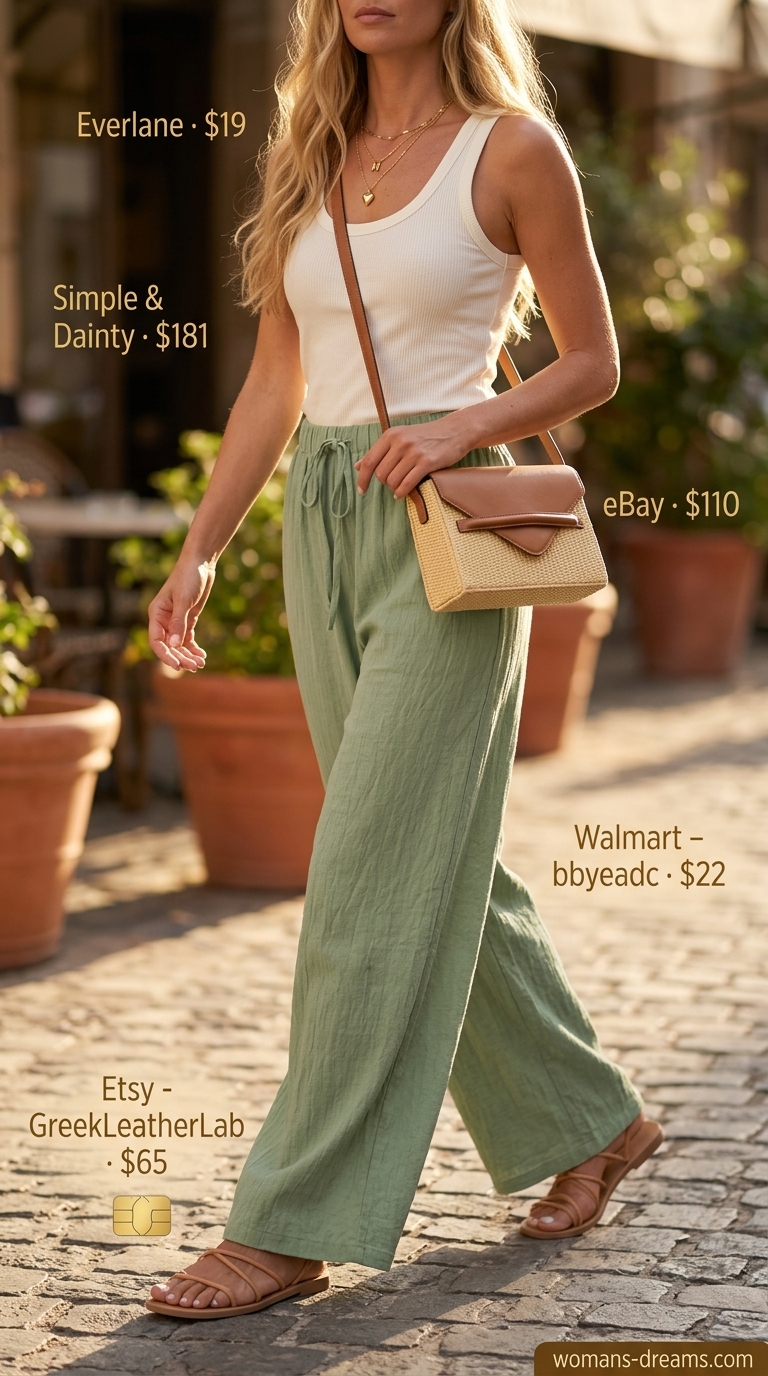 Every day summer capsule outfits for women 2026: Sage green linen pants, cream tank, and woven crossbody bag.