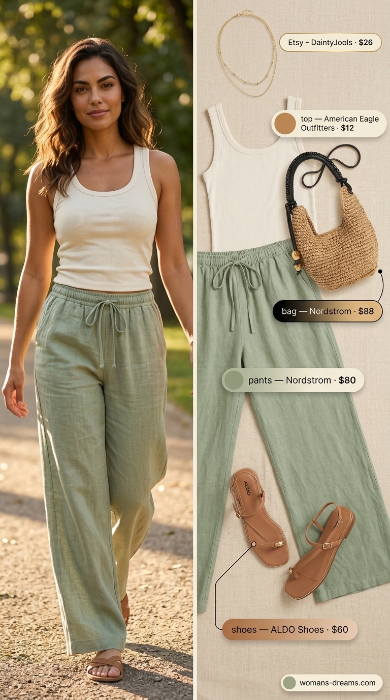 Sage green linen pants outfit for women 2026, for casual outings and weekend brunch.