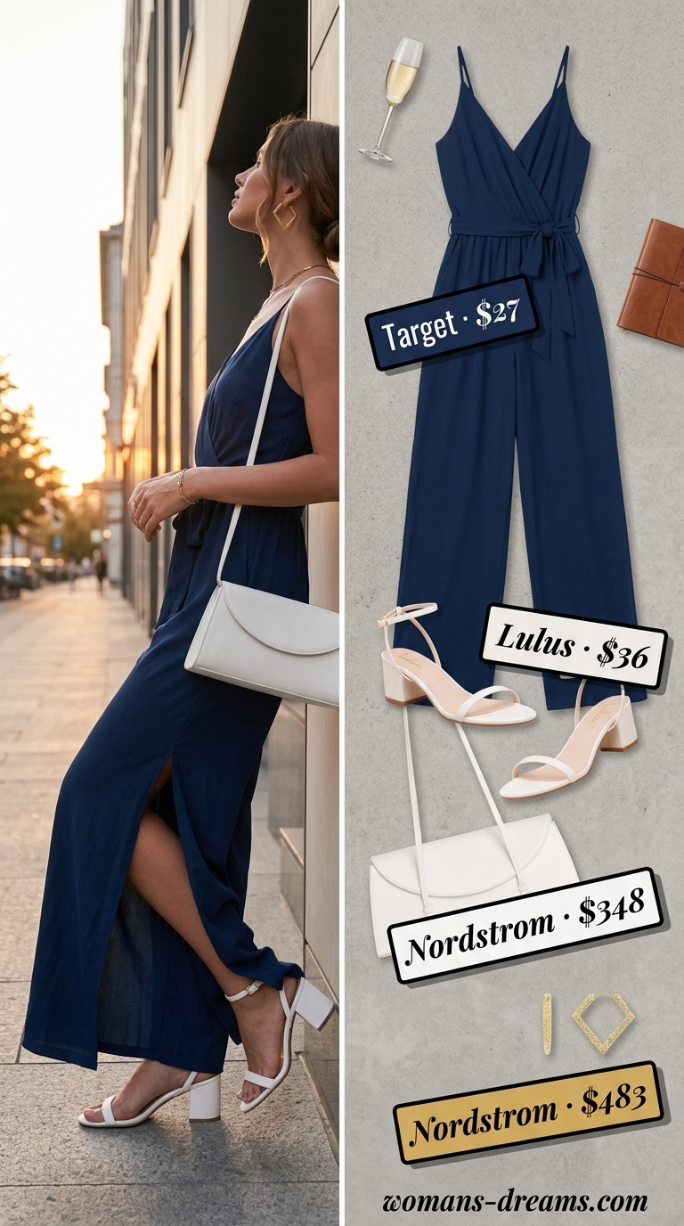 Effortless jumpsuit: navy blue wide-leg jumpsuit with white heels and shoulder bag.