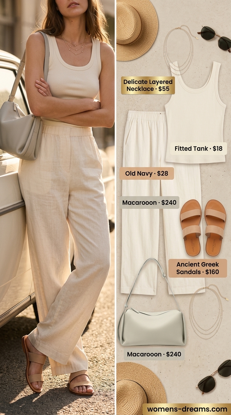 Sunny linen outfit: cream wide-leg pants, ribbed tank, and tan leather slides.