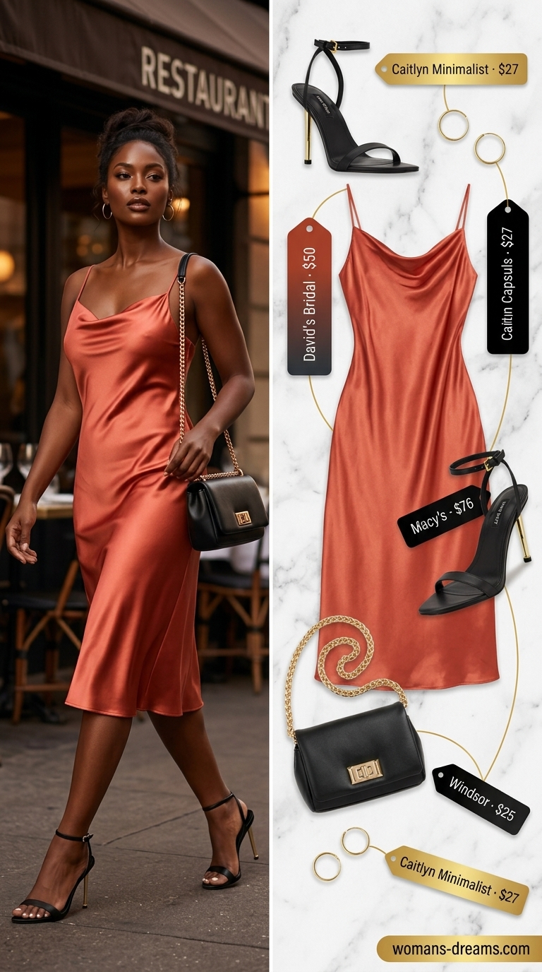 Every day summer capsule outfits for women 2026: Vibrant coral satin slip dress, black heels, and gold hoop earrings.