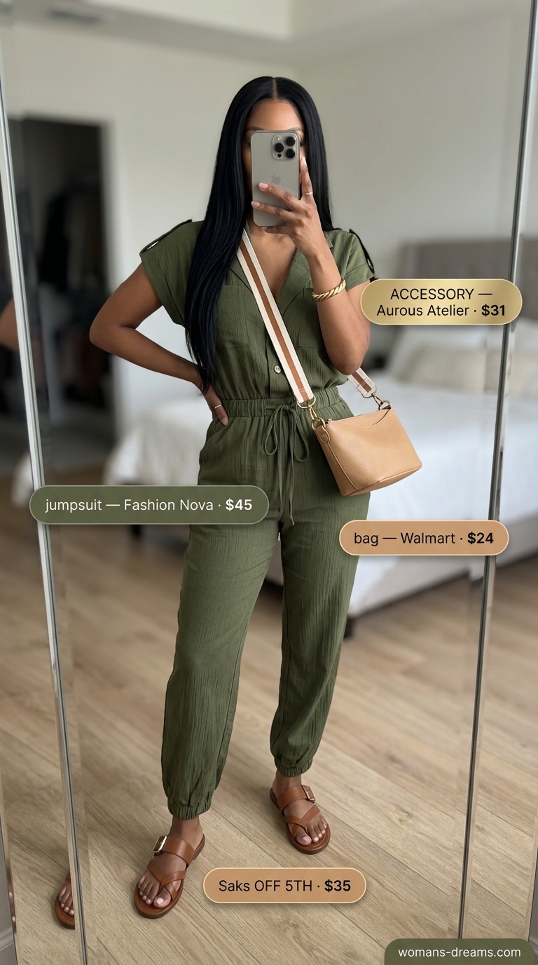 Utilitarian jumpsuit: olive green utility jumpsuit with tan slides and crossbody bag.