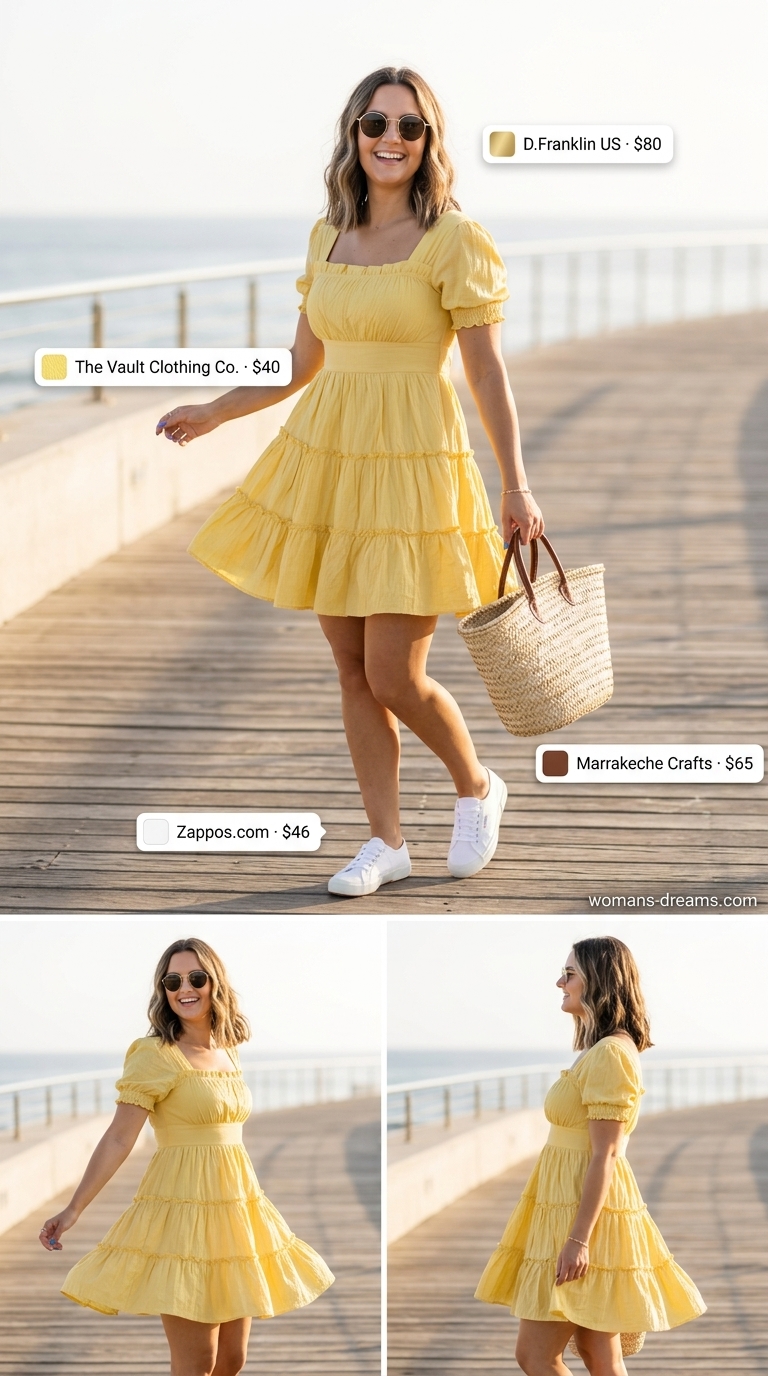 Every day summer capsule outfits for women 2026: Bright yellow tiered mini dress, canvas sneakers, and straw tote.
