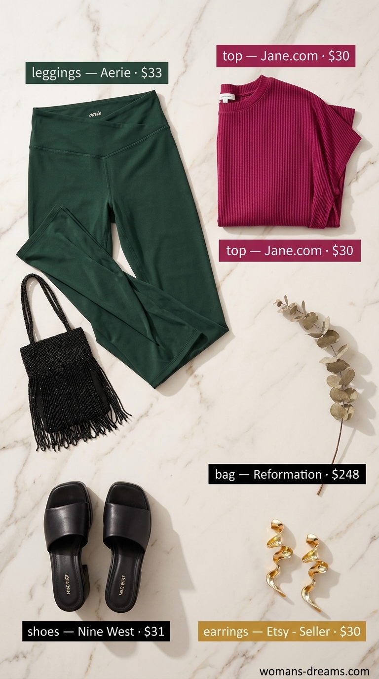 Flared legging outfits summer for women 2026: Emerald green leggings with a fuchsia tunic top and chunky platform sandals for an artistic vibe.