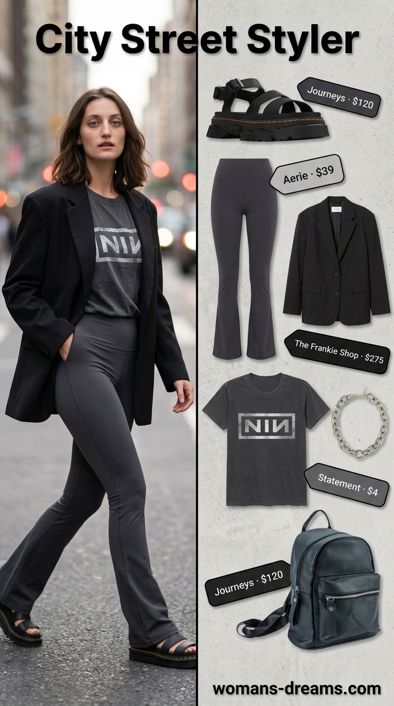 Flared legging outfits summer for women 2026: Charcoal grey leggings with oversized black blazer, graphic tee, and combat sandals for city strolls.