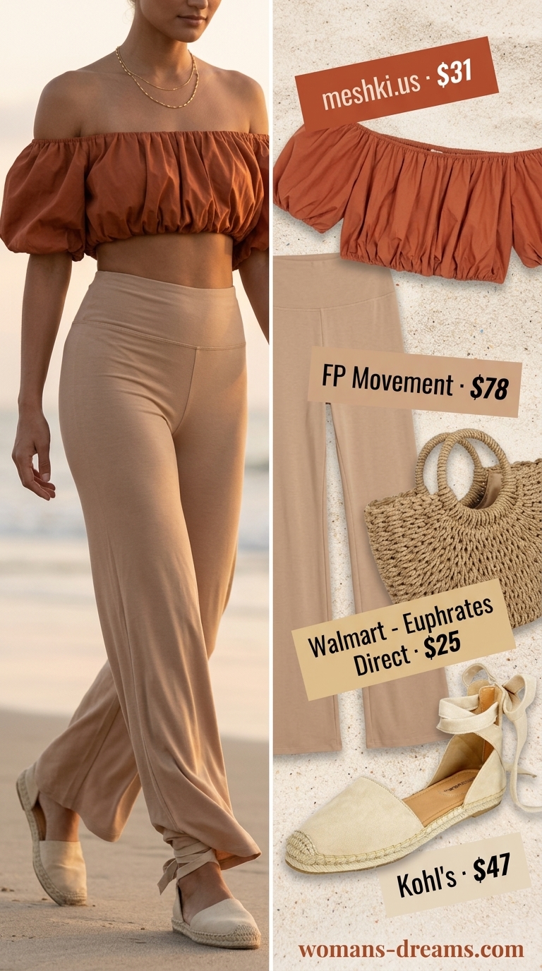 Flared legging outfits summer for women 2026: Cream leggings with off-shoulder crop top, straw tote, and espadrilles for coastal vibes.