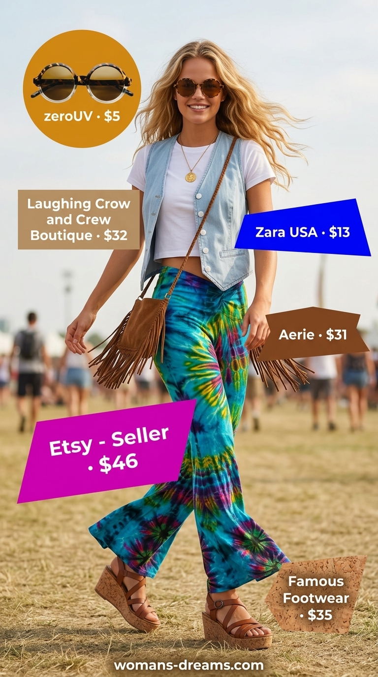 Flared legging outfits summer for women 2026: Tie-dye leggings with denim vest, white tee, and platform sandals for festival fun.