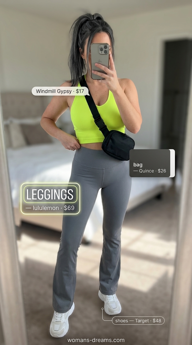 Flared legging outfits summer for women 2026: Grey athletic leggings, neon tank, sneakers for athleisure.