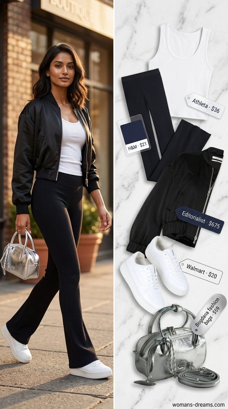 Flared legging outfits summer for women 2026: Black leggings, white tank, bomber jacket for city commute.