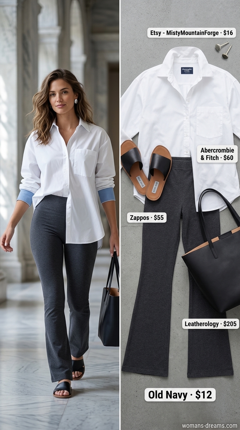 Flared legging outfits summer for women 2026: Charcoal leggings, oversized white shirt, leather tote for city style.