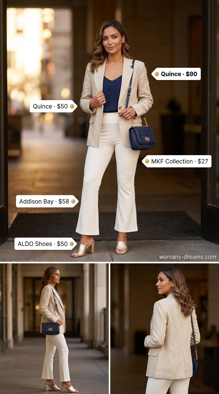 Flared legging outfits summer for women 2026: Cream leggings, navy cami, linen blazer for executive style.