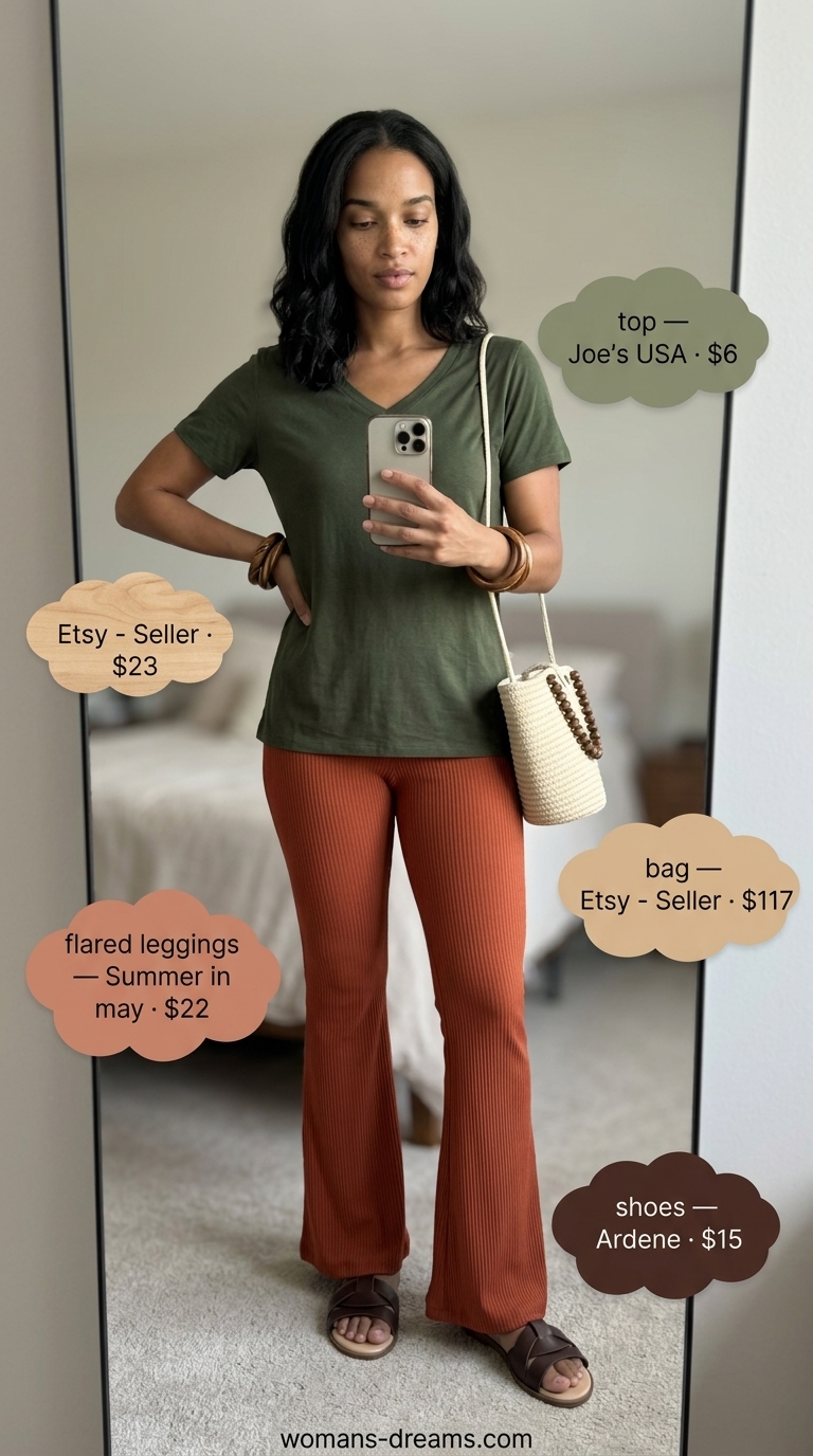 Flared legging outfits summer for women 2026: Rust orange leggings, olive tee, jute bag for casual day out.