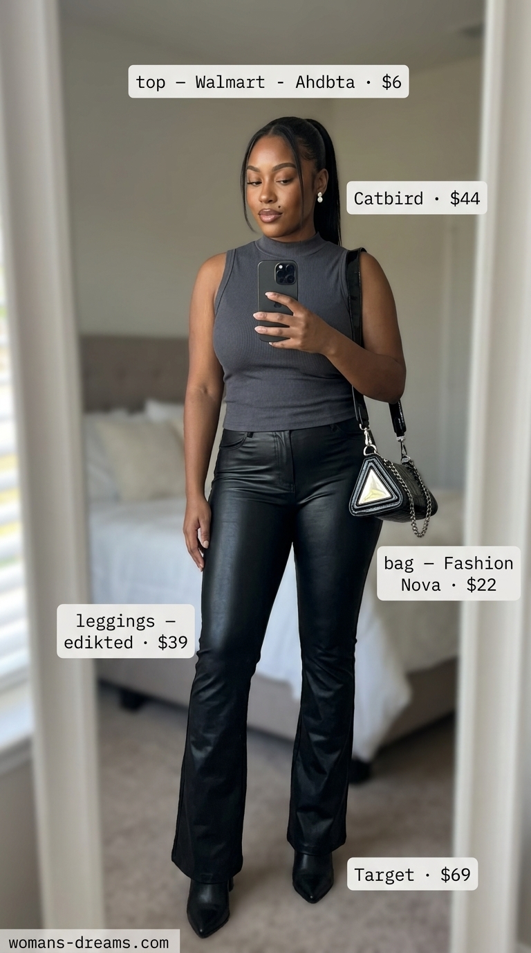 Flared legging outfits summer for women 2026: Black faux leather leggings, grey mock neck top, ankle boots for edgy night.