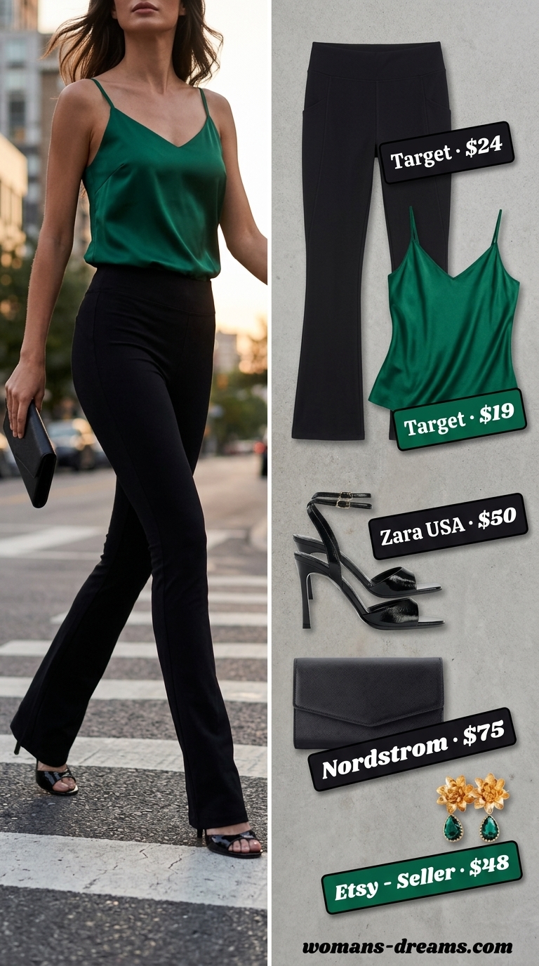 Flared legging outfits summer for women 2026: Black leggings, emerald cami, heeled sandals for elegant night out.