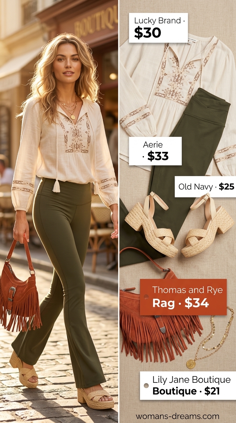 Flared legging outfits summer for women 2026: Olive leggings, cream blouse, fringe bag for festival style.