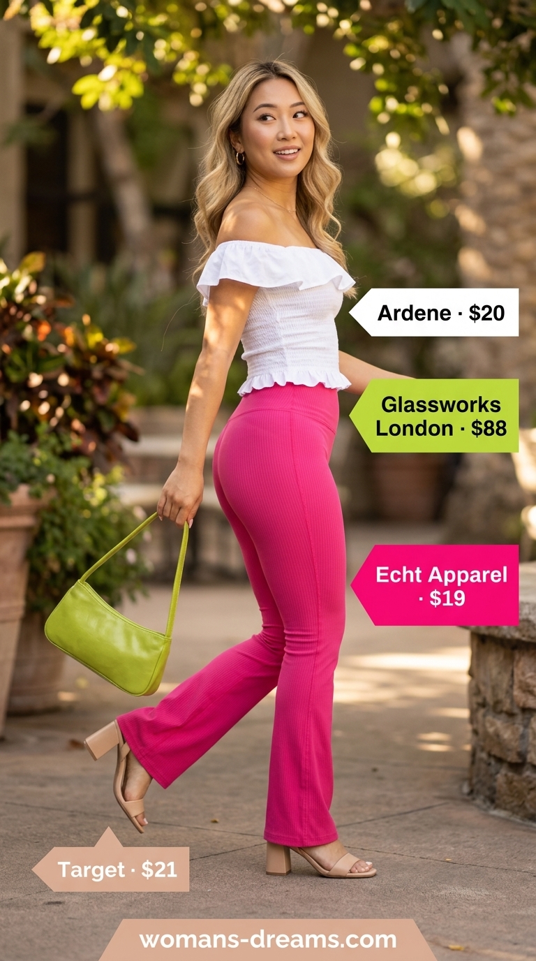Flared legging outfits summer for women 2026: Fuchsia leggings, white top, lime green bag for a vibrant brunch look.