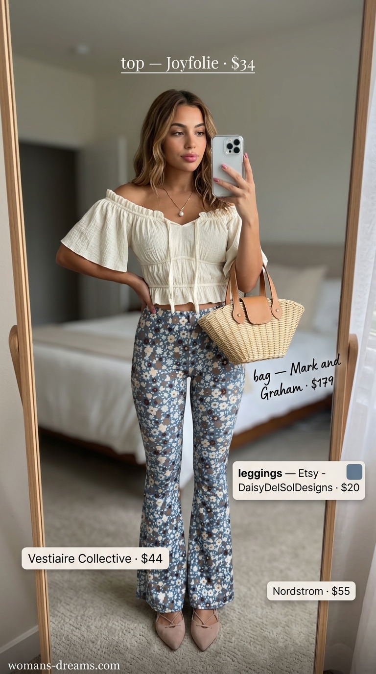Flared legging outfits summer for women 2026: Soft pink floral leggings, cream crop top, wicker bag for garden party.