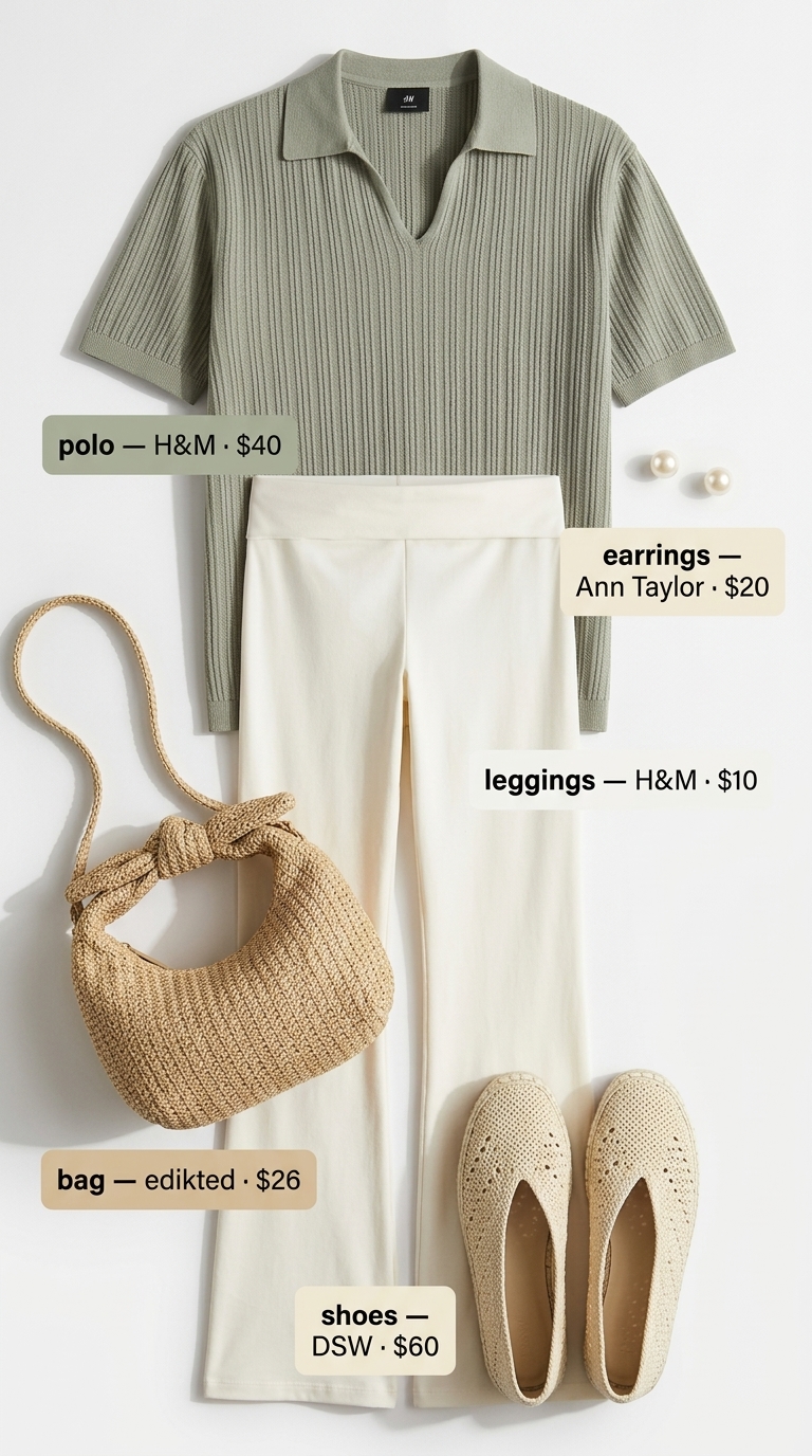 Flared legging outfits summer for women 2026: White leggings, sage polo top, straw tote for garden party.