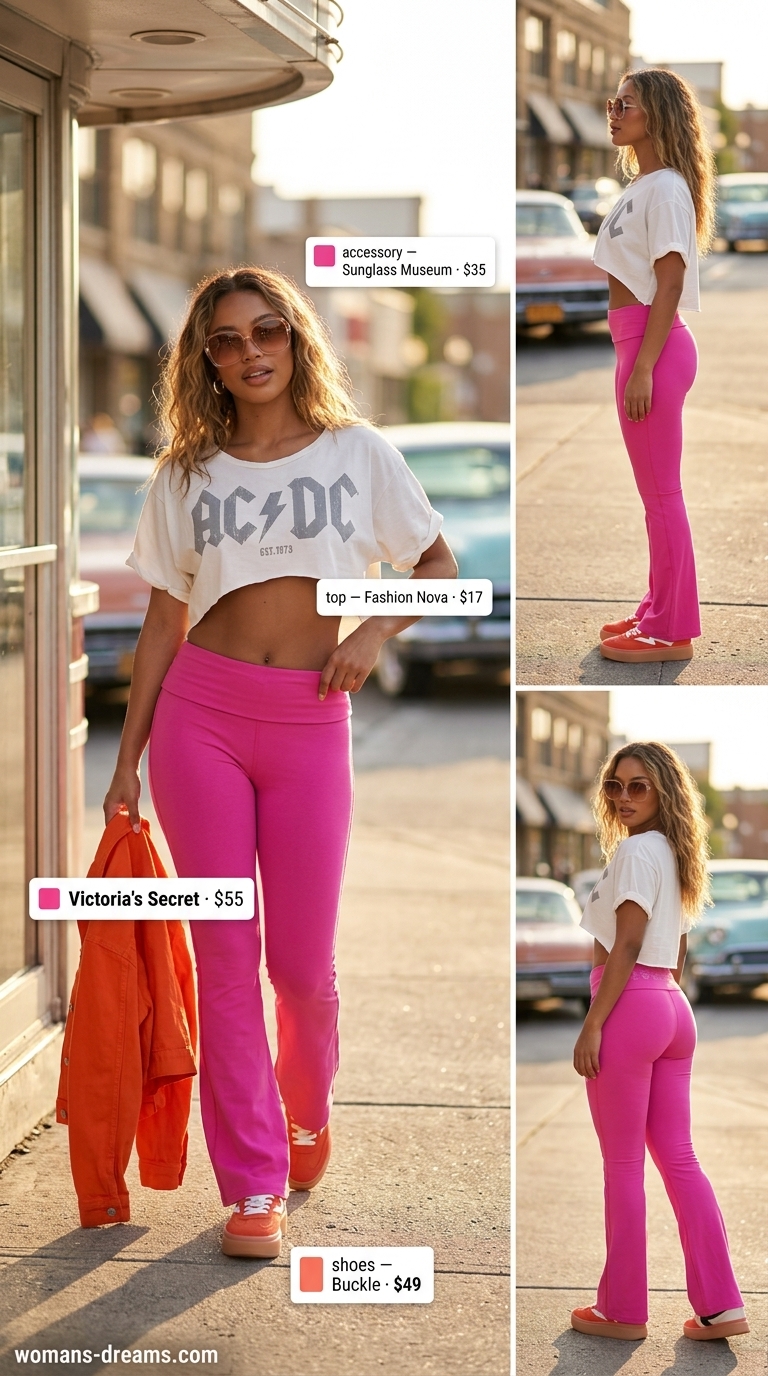 Flared legging outfits summer for women 2026: Hot pink leggings, graphic tee, denim jacket for a vibrant concert look.