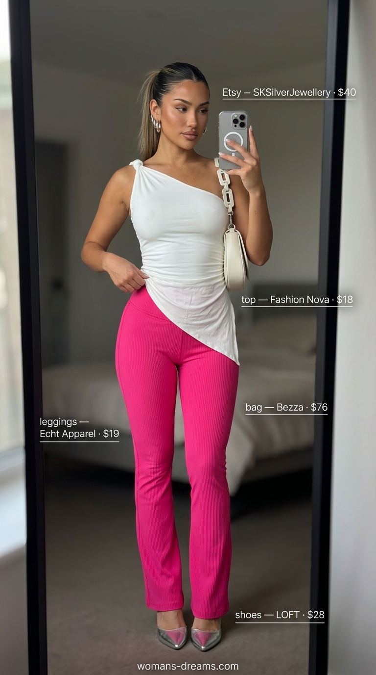 Flared legging outfits summer for women 2026: Hot pink leggings, white top, silver heels for a bold party look.