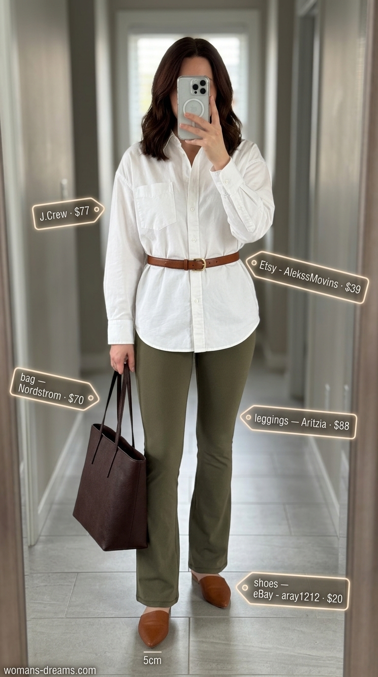 Flared legging outfits summer for women 2026: Khaki leggings, white shirt, cognac belt for a smart office look.