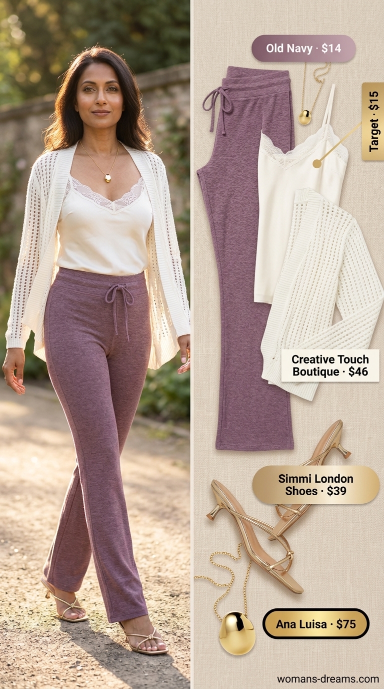 Flared legging outfits summer for women 2026: Lavender leggings, ivory cami, and open-knit cardigan for evening.