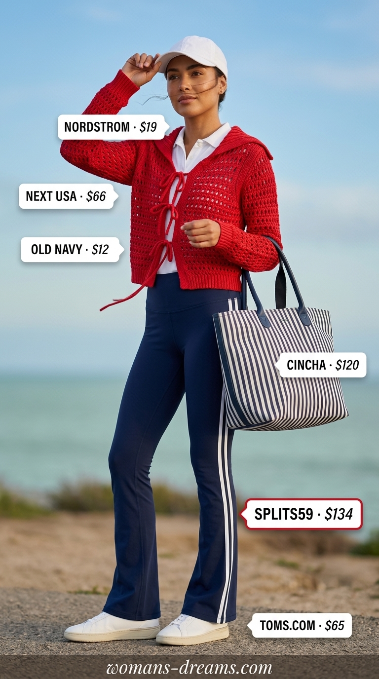 Flared legging outfits summer for women 2026: Navy stripe leggings, white polo, canvas tote for resort wear.