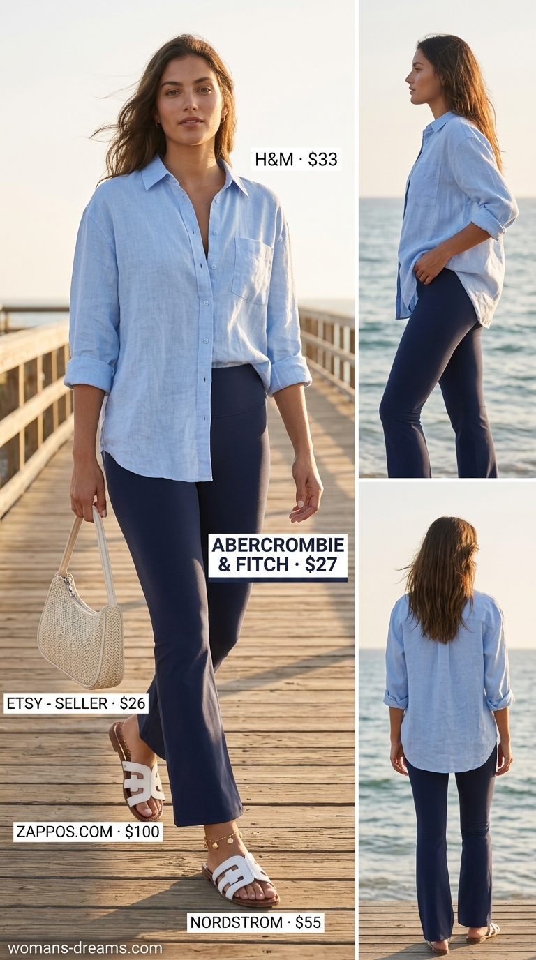 Flared legging outfits summer for women 2026: Navy leggings, sky blue shirt, straw bag for seaside style.